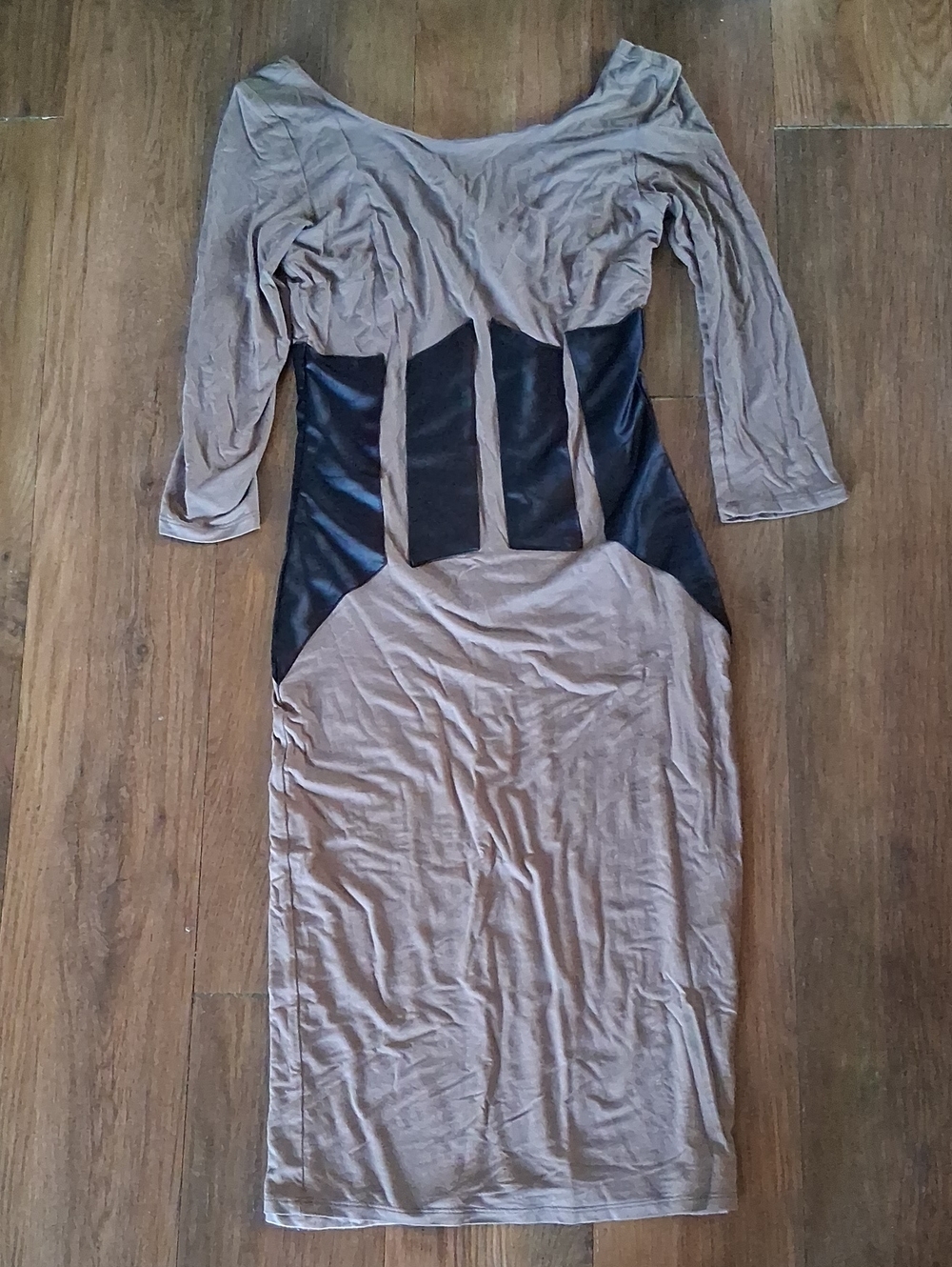 bebe Taupe and Black Long Sleeve Paneled Midi Dress